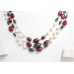 14K Gold Strand Necklace Ruby Emerald Pearl Beaded Natural 3 Line Stone D691